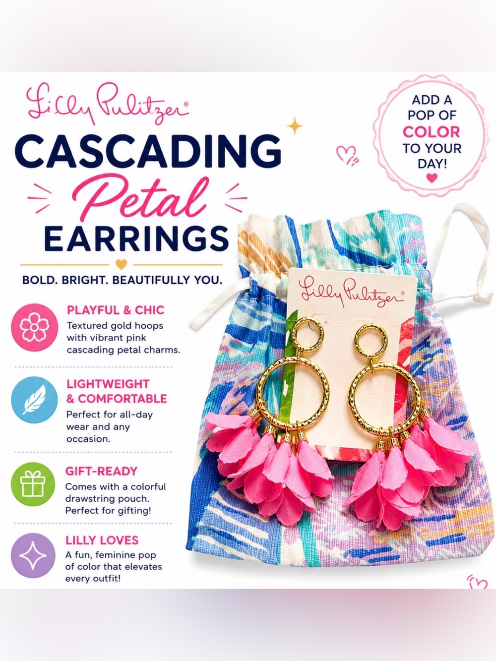 LILLY PULITZER PINK TROPICS CASCADING PETALS HOOP EARRINGS w/ DUSTBAG